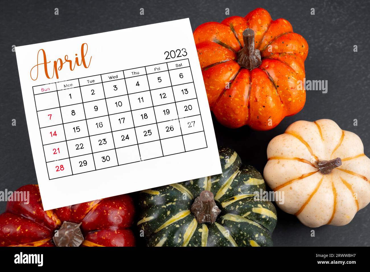 2024 October calendar sheet and pumpkins on black background Stock