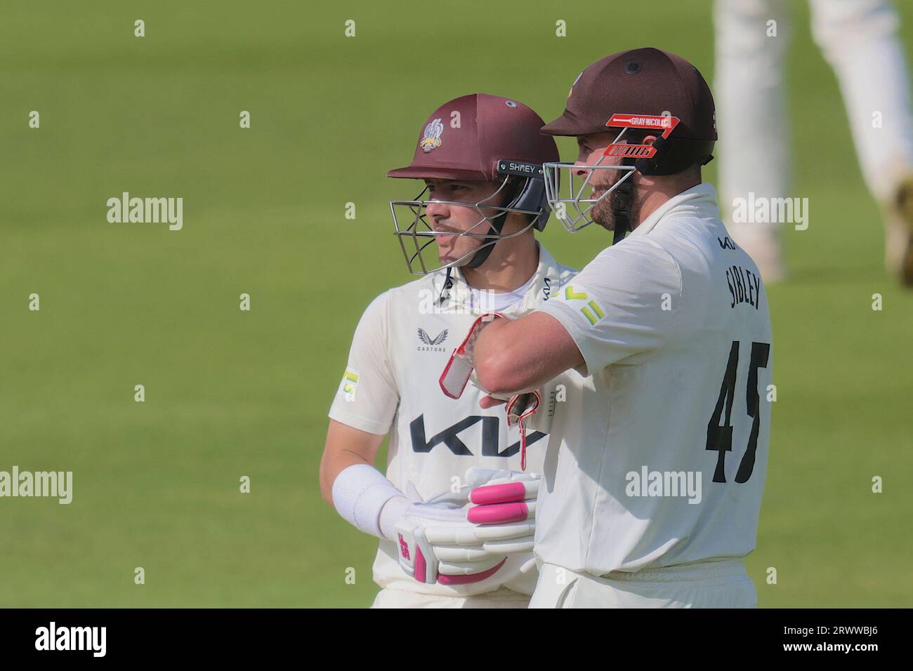 London, UK. 21st Sep, 2023. Surrey's Rory Burns nd Dom Sibley opening the batting as Surrey take on Northamptonshire in the County Championship at the Kia Oval, day three. Credit: David Rowe/Alamy Live News Stock Photo