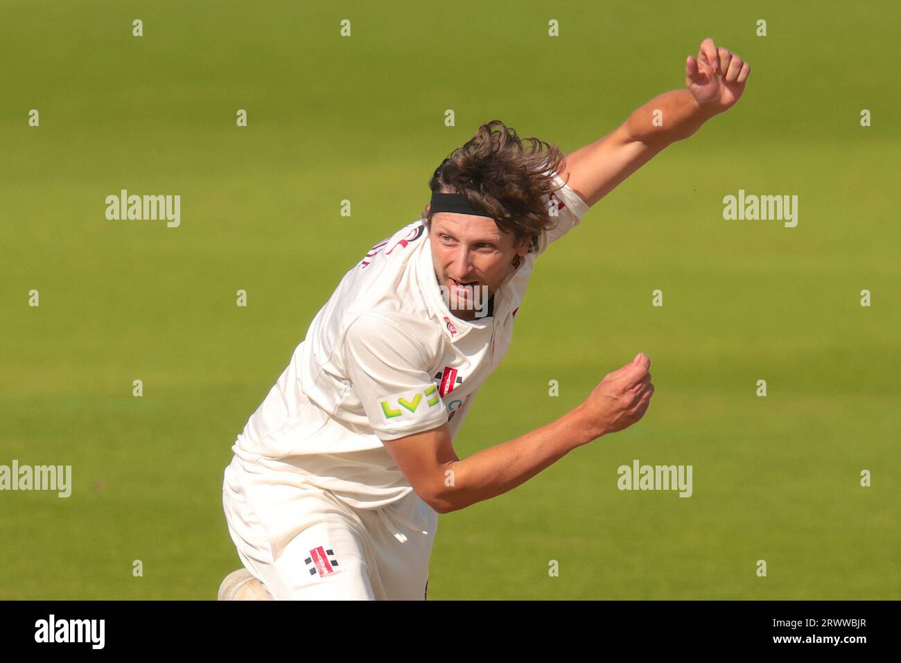 London, UK. 21st Sep, 2023. Northamptonshire's Jack White bowling as Surrey take on Northamptonshire in the County Championship at the Kia Oval, day three. Credit: David Rowe/Alamy Live News Stock Photo