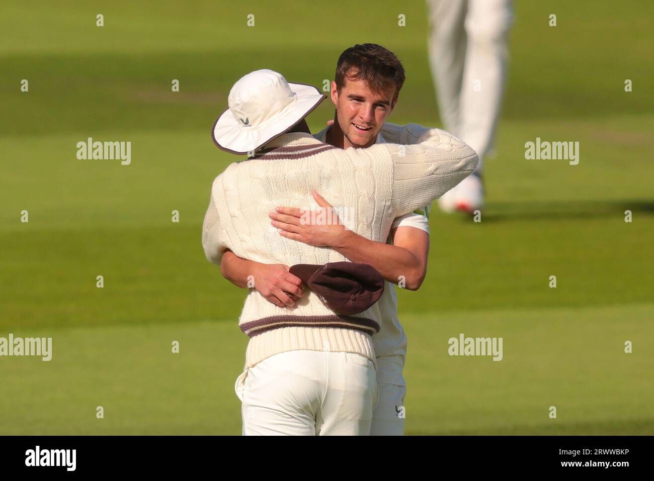 London, UK. 21st Sep, 2023. Surrey's Tom Lawes gets congratulated by Kemar Roach after getting the wicket of Northamptonshire's Karun Nair to end the innings with figures of 5-105 as Surrey take on Northamptonshire in the County Championship at the Kia Oval, day three. Credit: David Rowe/Alamy Live News Stock Photo