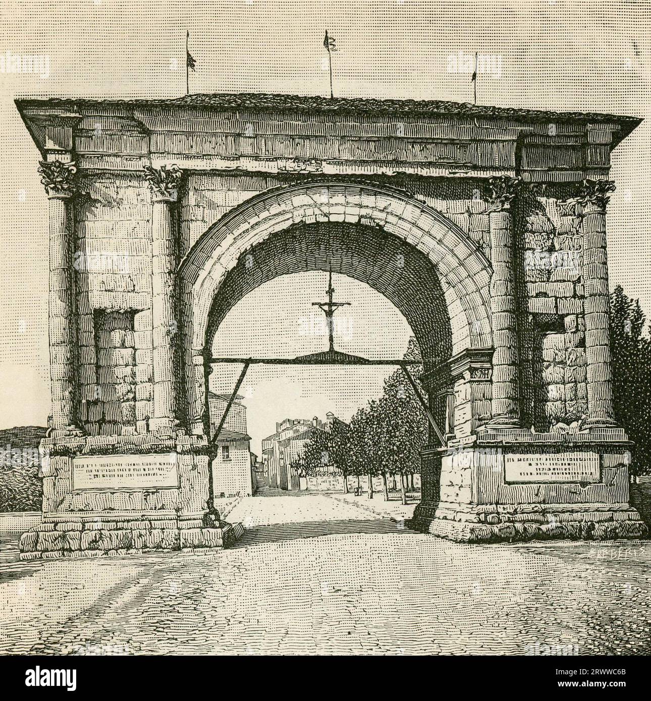 Arch of Augustus in Aosta (woodcut). Stock Photo