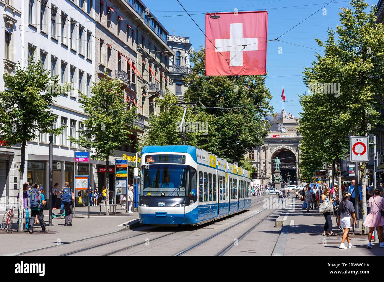 Zurich, Switzerland - August 10, 2023: Bahnhofstrasse with tram type Cobra-Tram public transport in the city of Zurich, Switzerland. Stock Photo