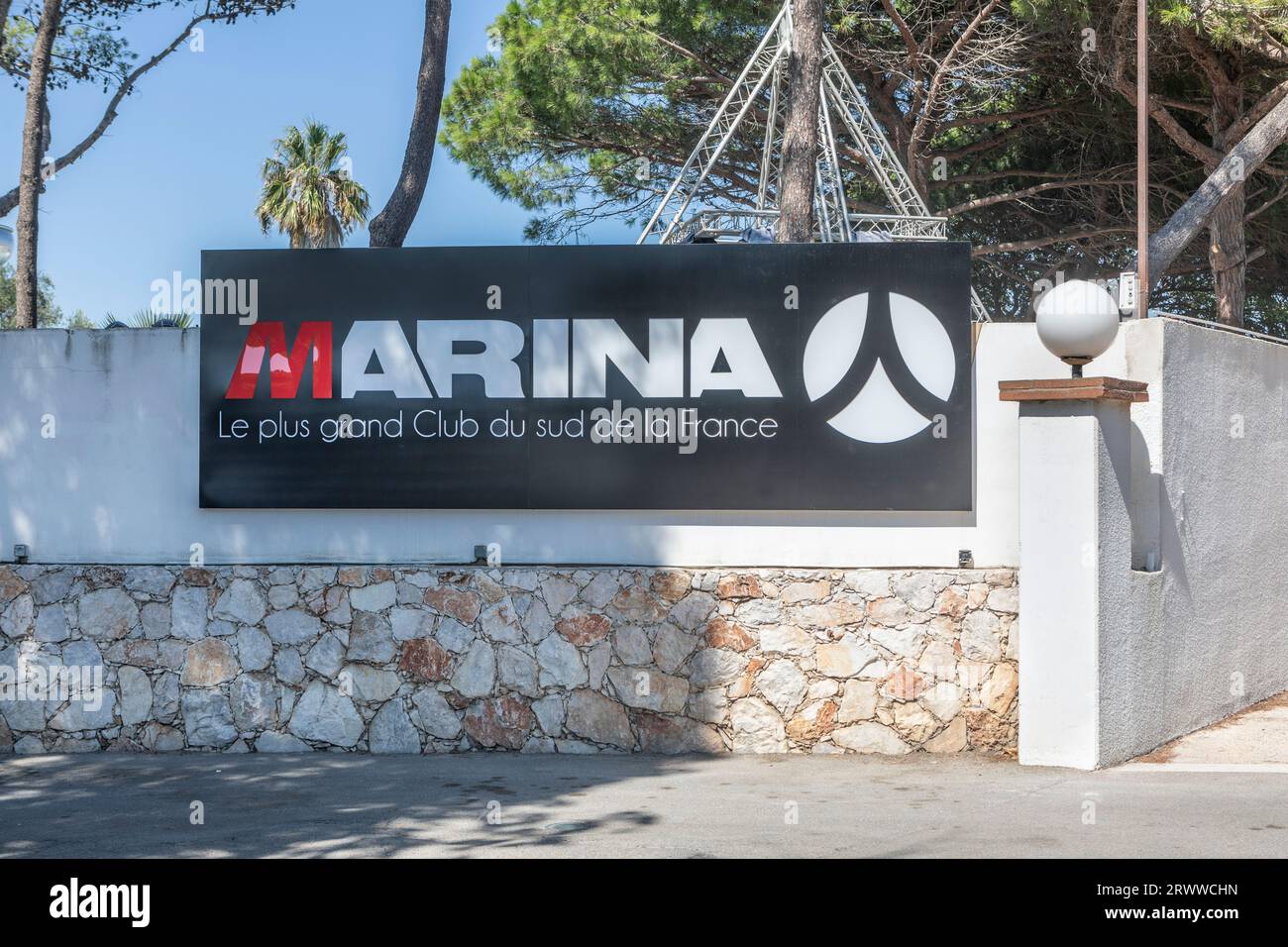 A advertising board for Marina Atlantide nightclub, Le Barcares, France Stock Photo