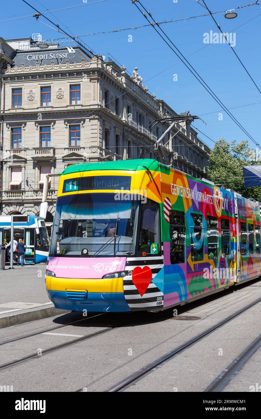 Zurich, Switzerland - August 10, 2023: Bahnhofstrasse with tram type Cobra-Tram public transport in the city of Zurich, Switzerland. Stock Photo