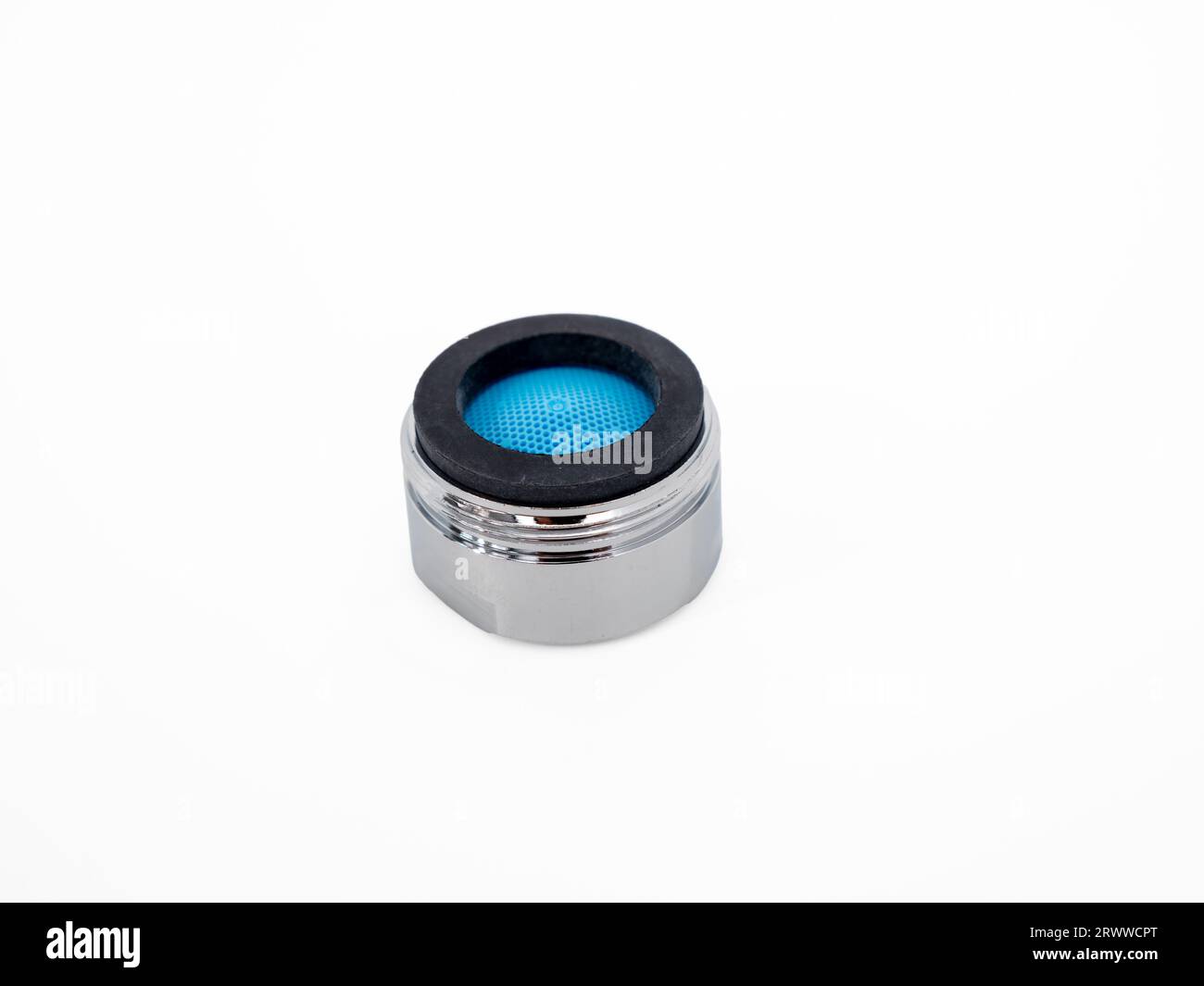 Clean new faucet aerator isolated on white background. Water tap dial