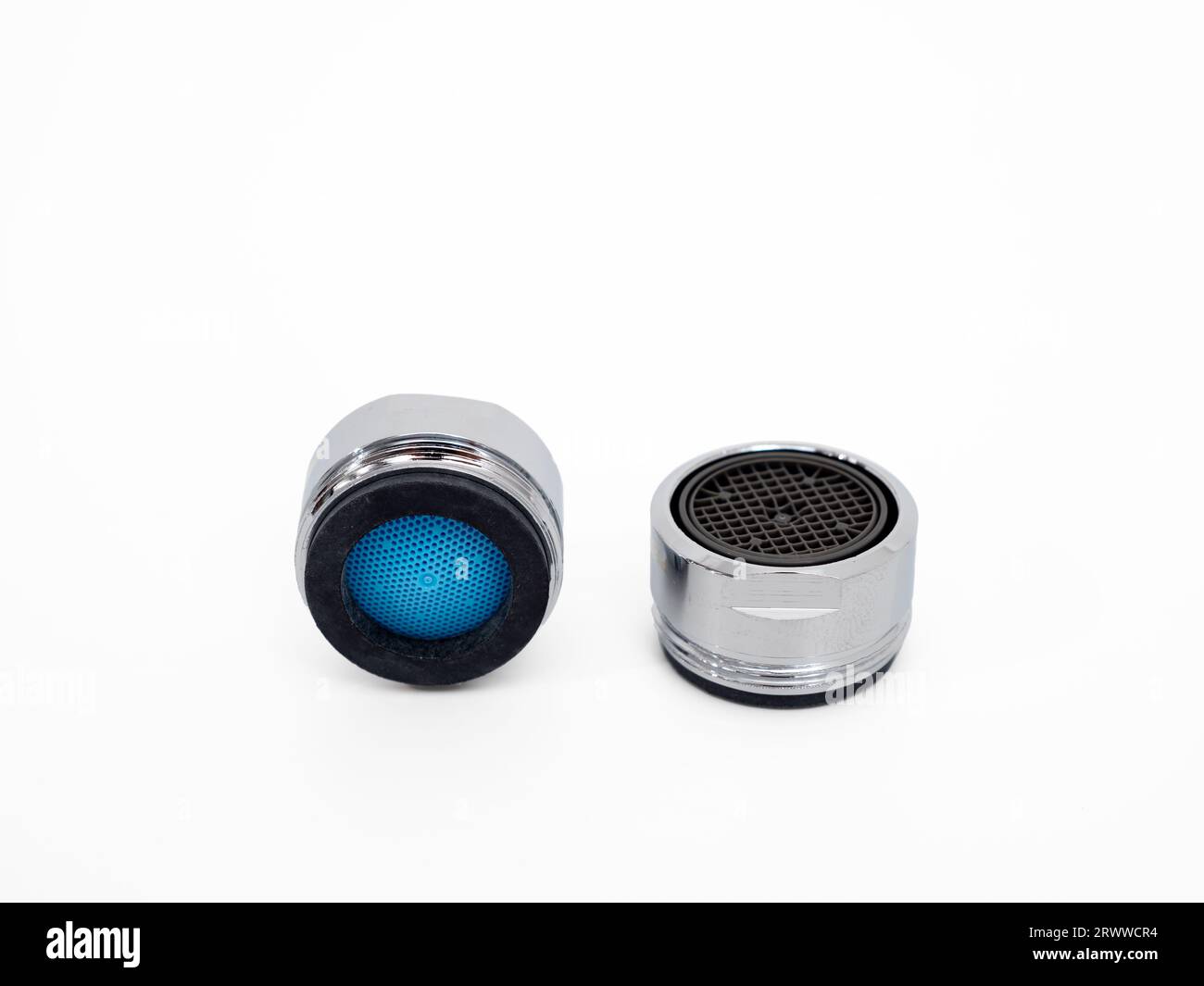 Clean new faucet aerator isolated on white background. Water tap dial