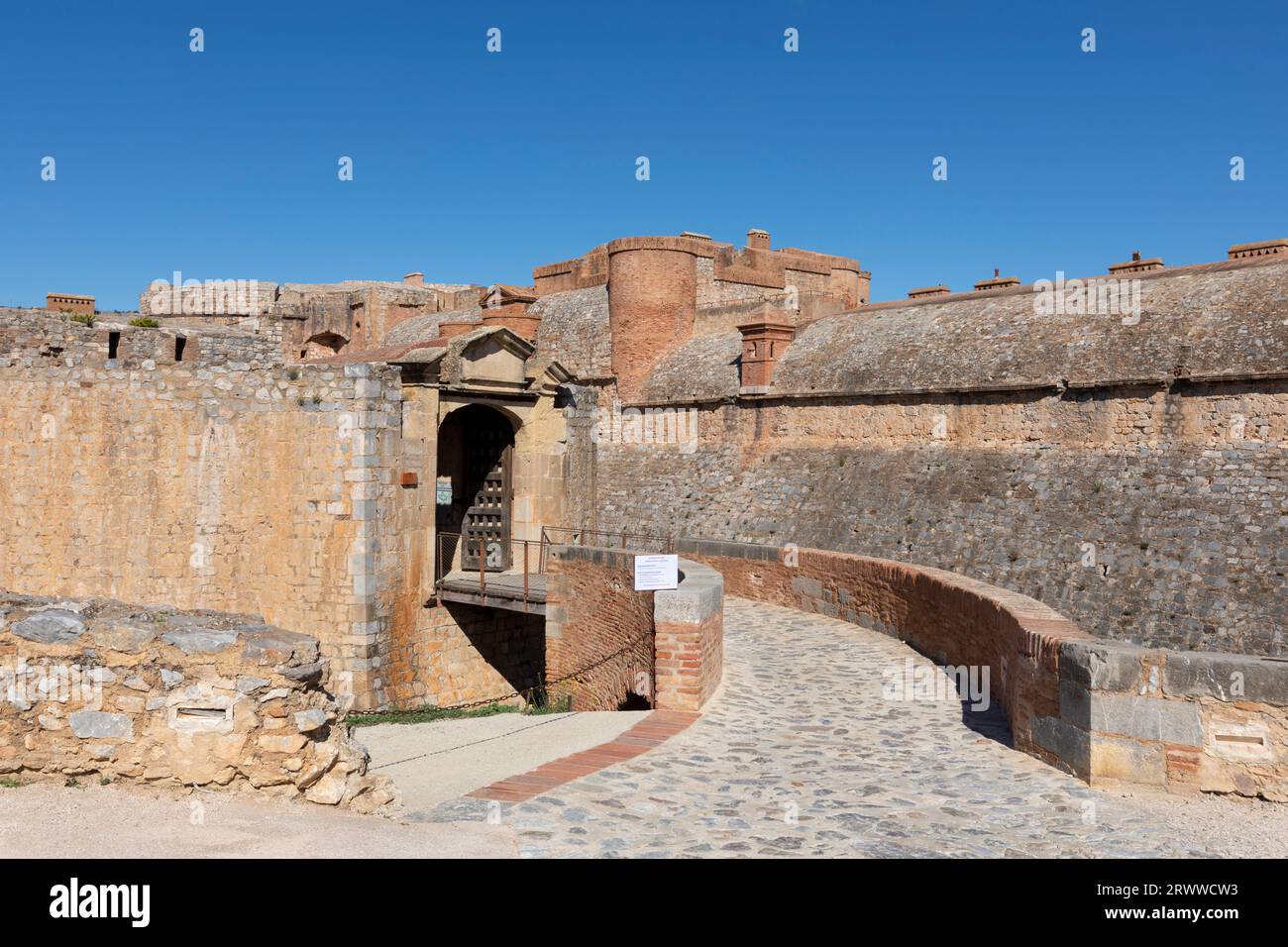 The entrance to Fort de Salses (also called Forteresse de Salses), a Catalan fortress in the commune of Salses-le-Château. Stock Photo