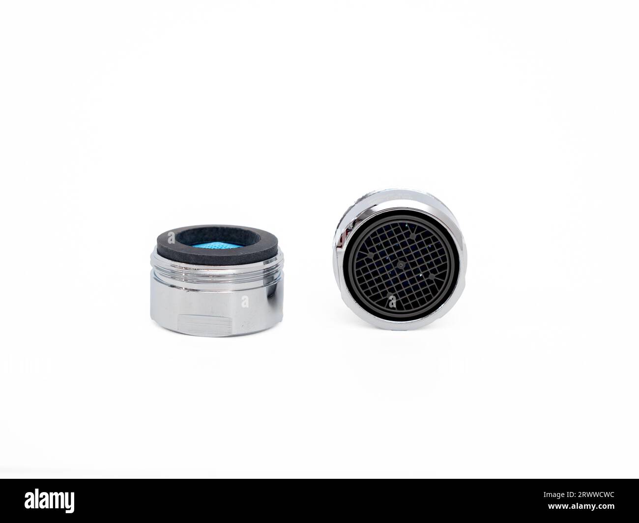 Clean new faucet aerator isolated on white background. Water tap dial