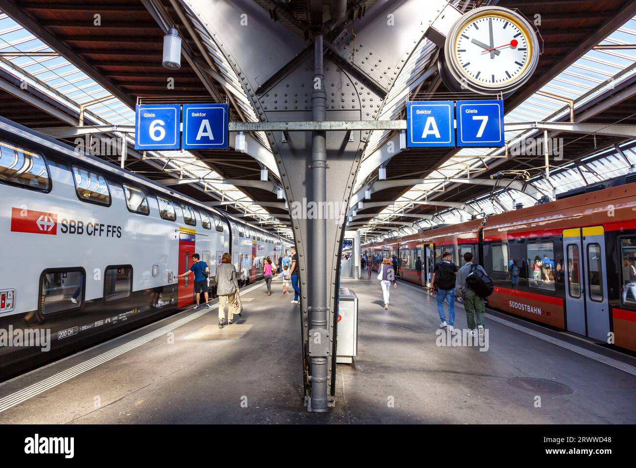 Zurich, Switzerland August 10, 2023 Passenger trains of SBB Schweizerische Bundesbahnen and