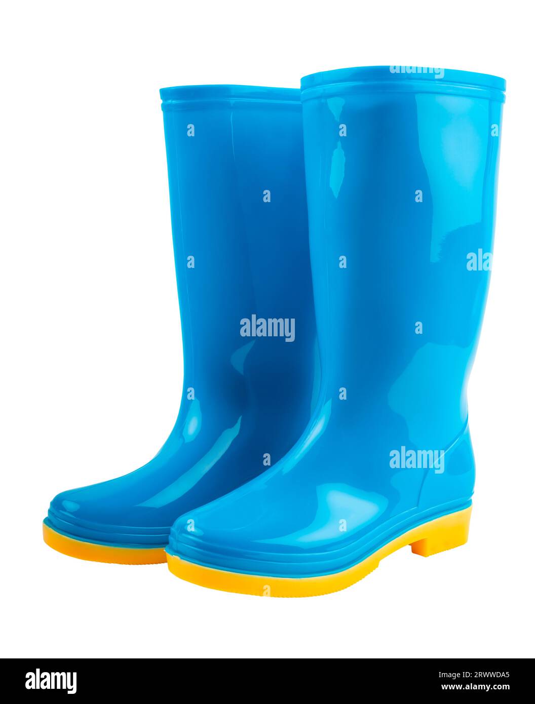 Pair of blue and yellow rubber boots isolated on white background ...