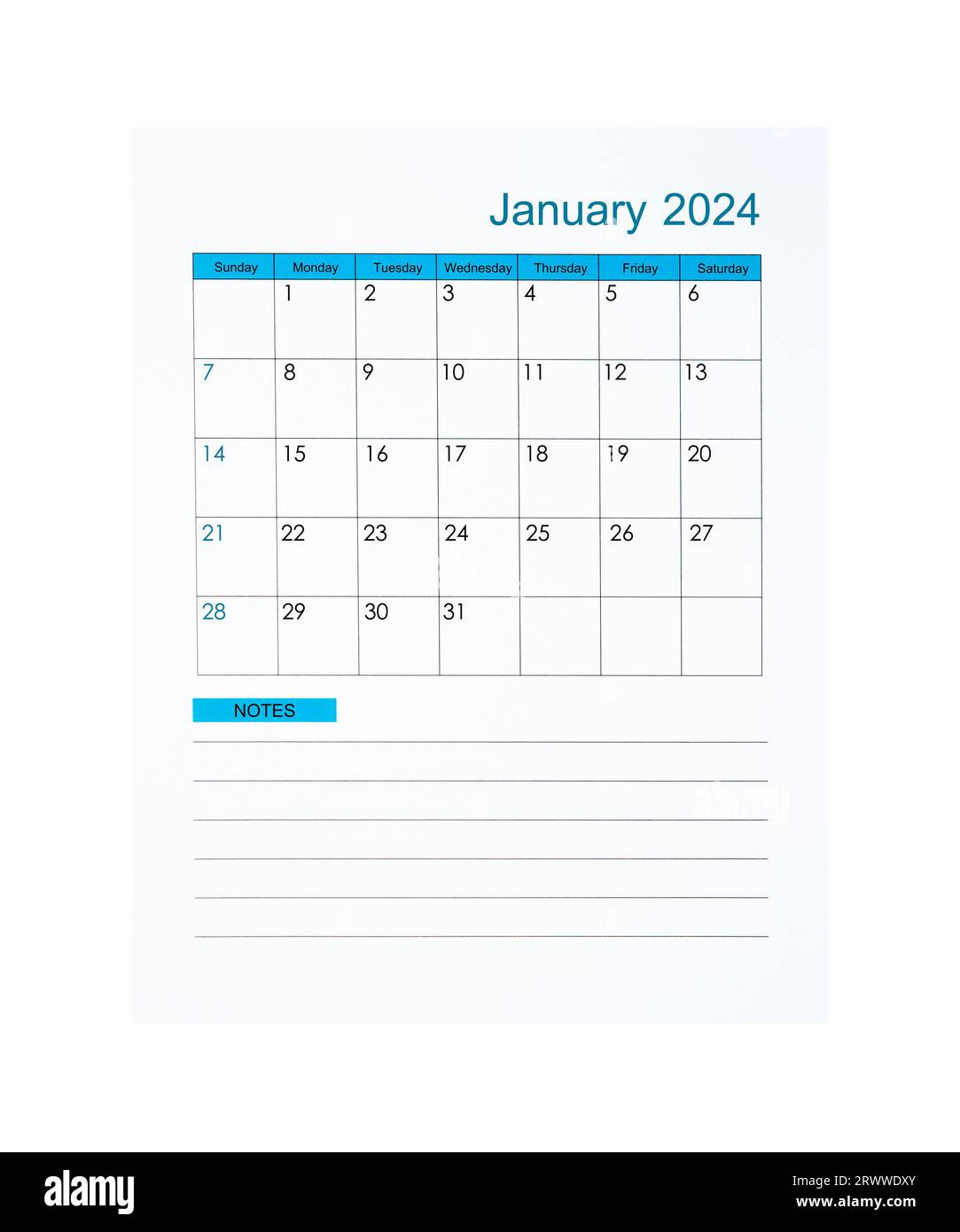 Vertical of January 2024 Calendar page for 2024 year isolated on white ...