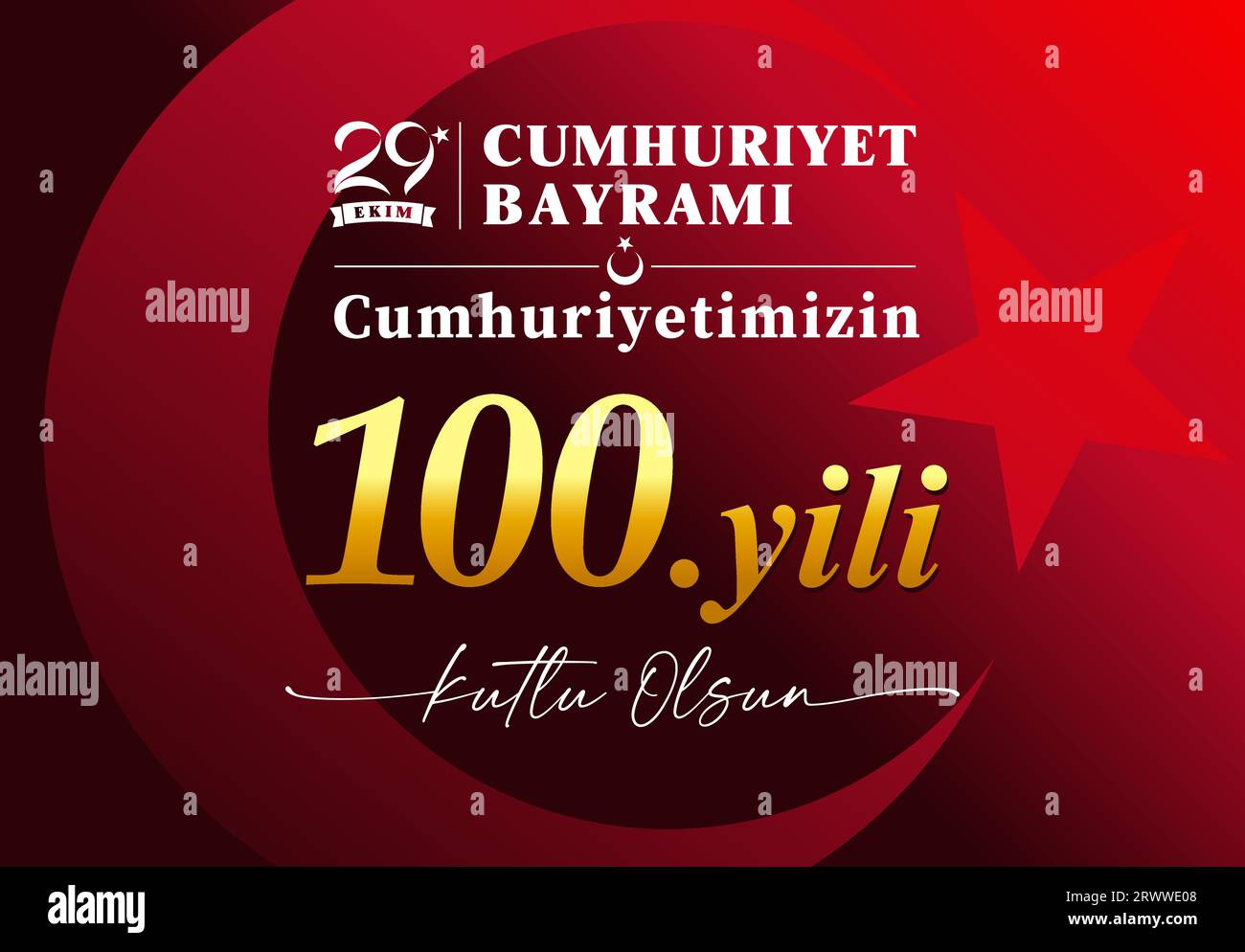 100 years anniversary 29 Ekim, Cumhuriyet Bayrami red banner. Translation from turkish - October 29, Republic Day 100 years, Happy holiday. Vector Stock Vector