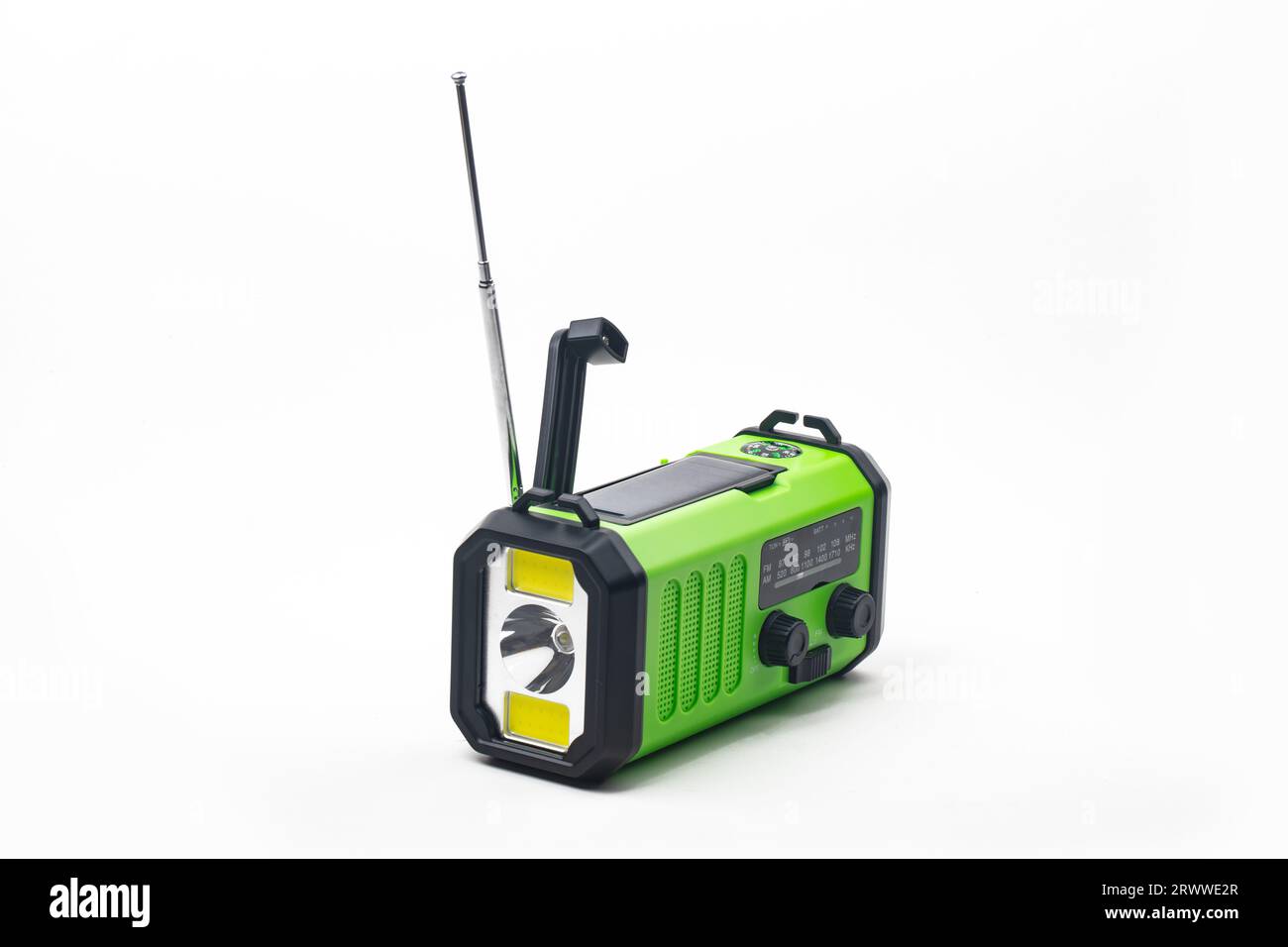 Emergency radio with flashlight rechargeable using builtin hand crank