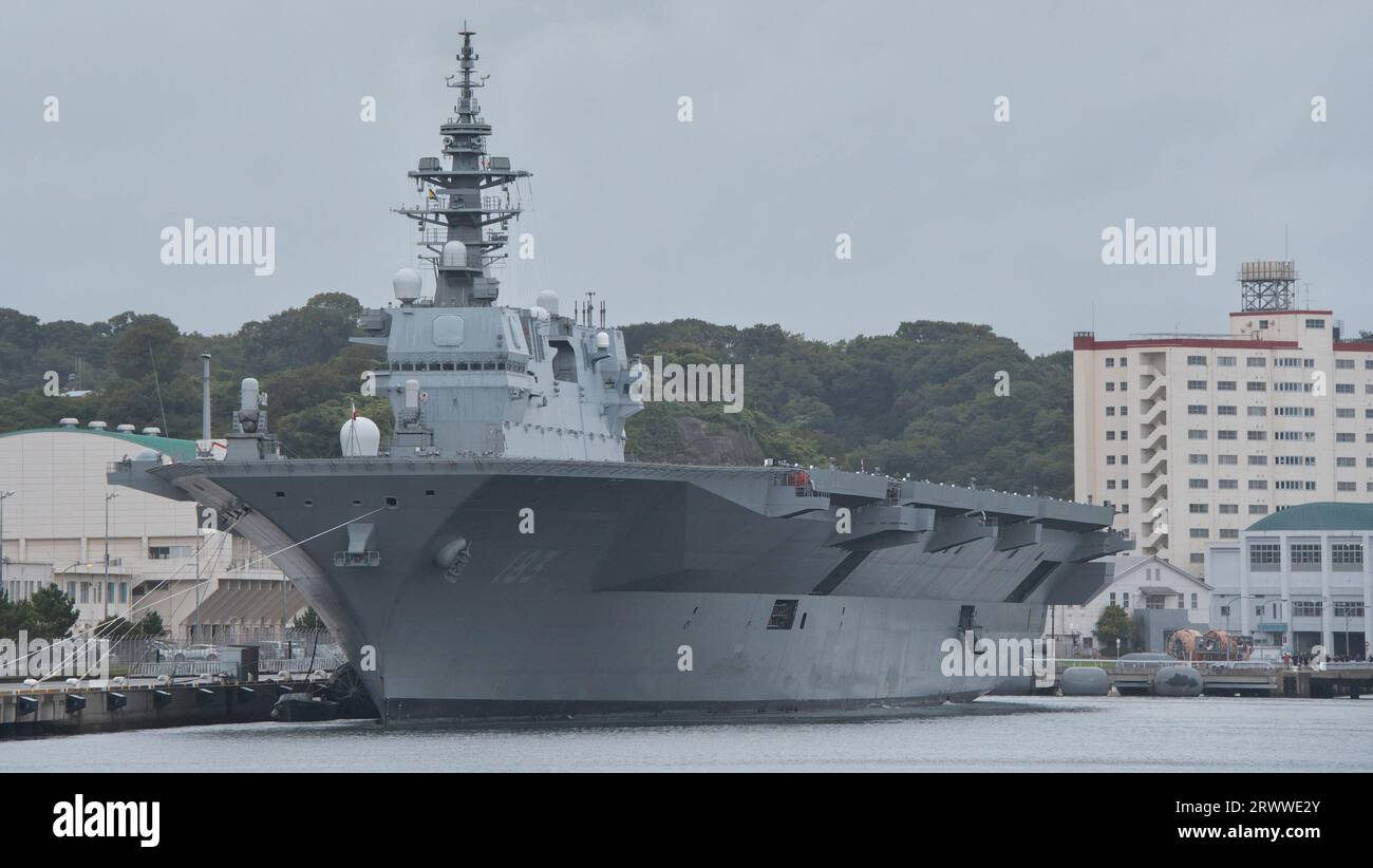 Yokusuka, Japan. 21st Sep, 2023. Japan's Maritime Self-Defense Force (JMSDF), Helicopter carrier Izumo (DDH-183) is seen anchored at JMSDF Yokosuka Naval Base in Kanagawa-Prefecture, Japan on Thursday, September 21, 2023. Photo by Keizo Mori/UPI Credit: UPI/Alamy Live News Stock Photo