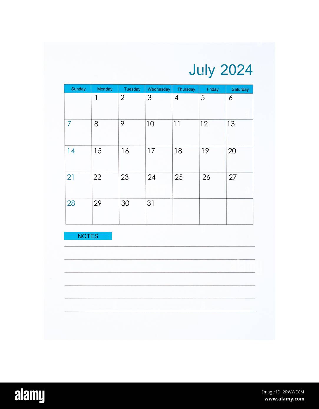 Vertical of July 2025 Calendar page for 2025 year isolated on white