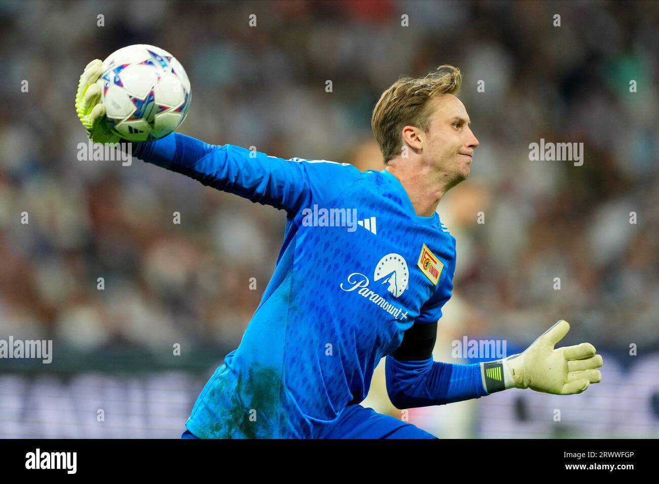 Madrid, Spain. 20th Sep, 2023. Frederik Ronnow of FC Union Berlin during the UEFA Champions League match, Group C, between Real Madrid and Union Berlin played at Santiago Bernabeu Stadium on September 20, 2023 in Madrid, Spain. (Photo by Cesar Cebolla/PRESSINPHOTO) Credit: PRESSINPHOTO SPORTS AGENCY/Alamy Live News Stock Photo