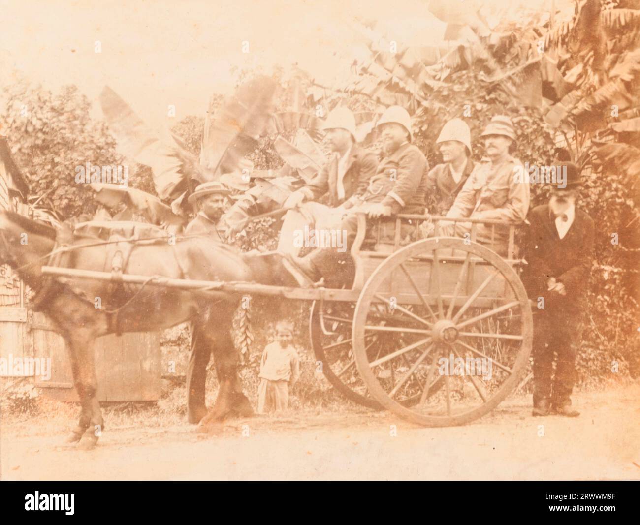 Four European men in colonial dress and pith helmets are in a horse drawn cart in front of tropical palms. Two Mauritian men stand next to the cart, one wears a straw boater and the other a bowler hat. A young Mauritian boy can be seen behind the cart. Handwritten caption reads: The English Consuls turn out, Maritius. Stock Photo