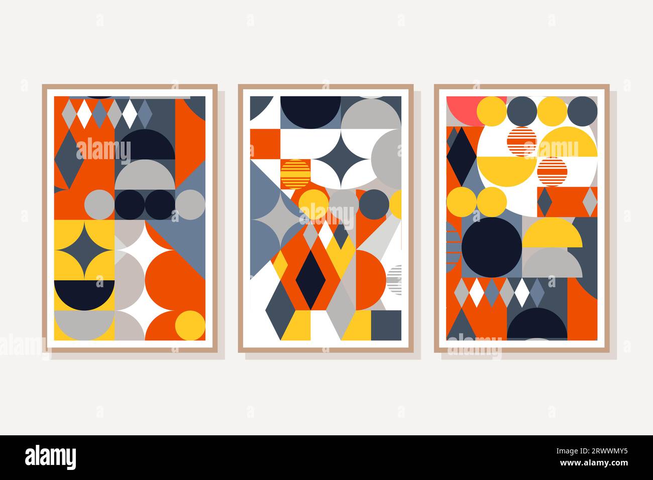 Three minimalist geometric paintings. Abstract colorful mid century