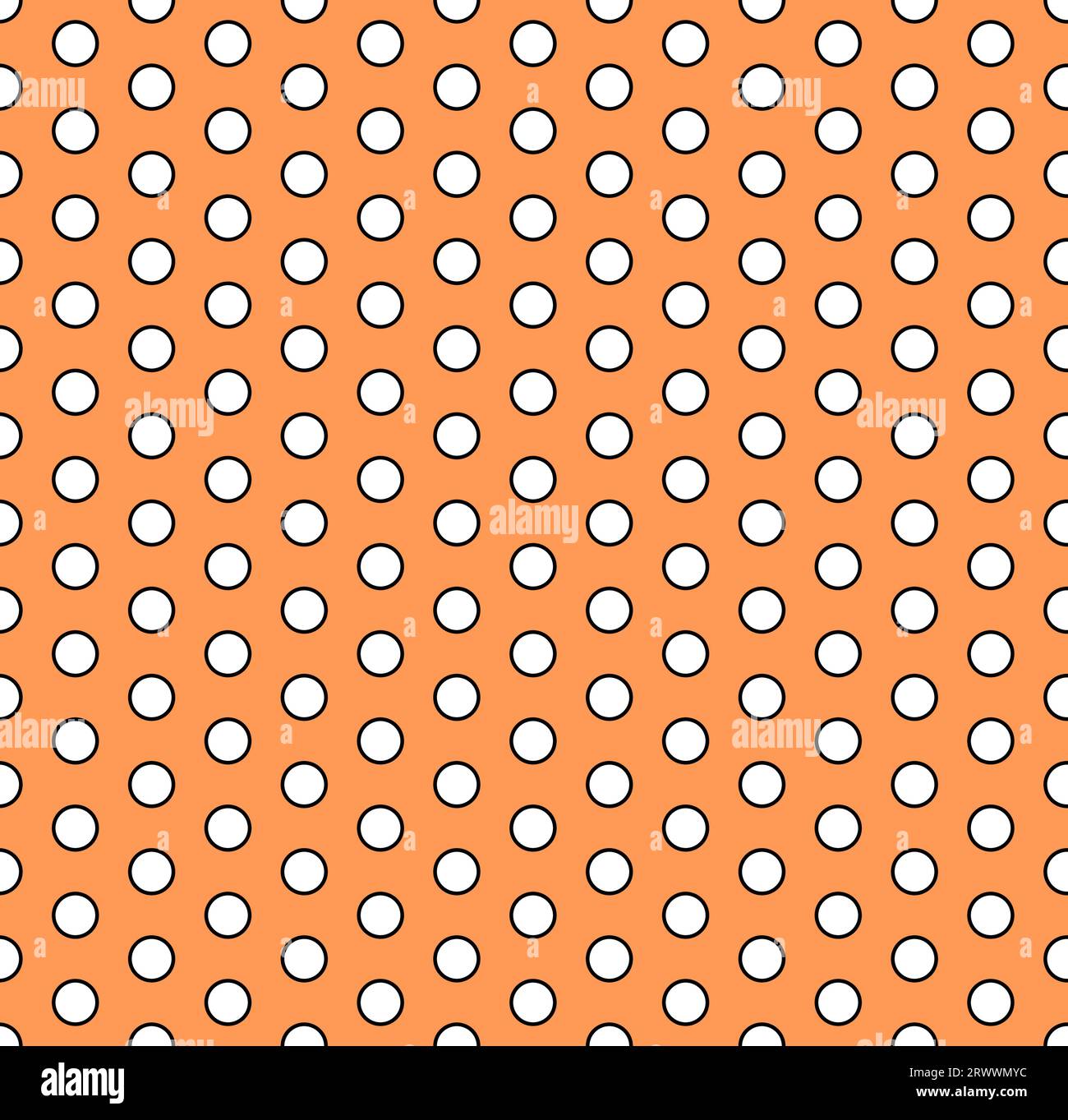 White circles with black outline on orange background. Polka dot style simple line outline rings vector fashion design. Seamless fashion print pattern Stock Vector