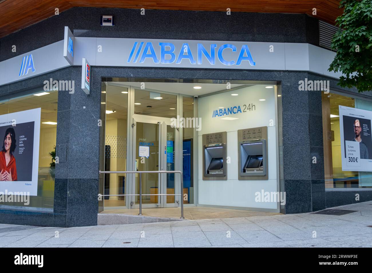 Ourense, Spain 09 20 2023: Facade of an Abanca bank office Stock Photo