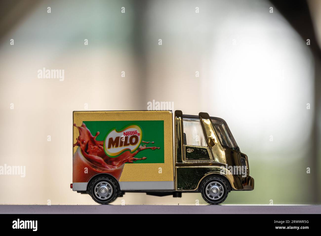 Kuala Lumpur, Malaysia - September 22, 2023: MILO mini vans gold edition for collection. Stock Photo