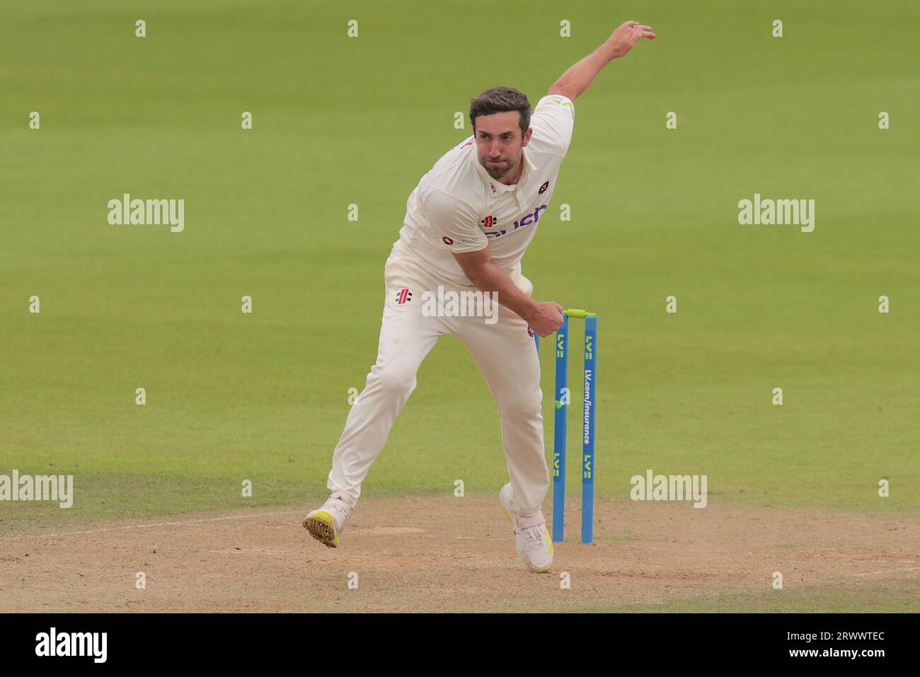 London, UK. 21st Sep, 2023. Northamptonshire's Ben Sanderson bowling as Surrey take on Northamptonshire in the County Championship at the Kia Oval, day three. Credit: David Rowe/Alamy Live News Stock Photo