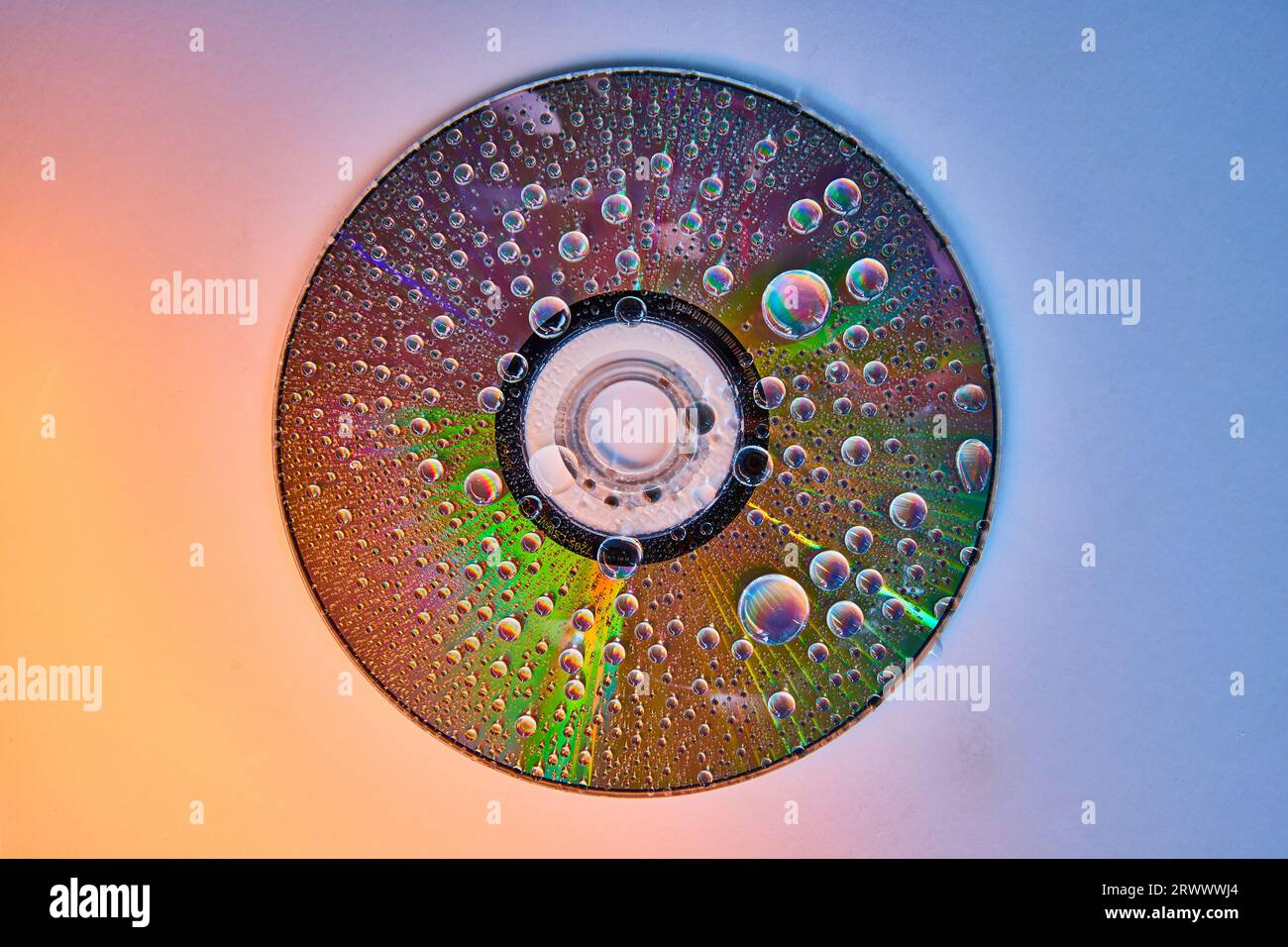 CD on gradient shift background with rainbow water drops on reflective metal surface Stock Photo