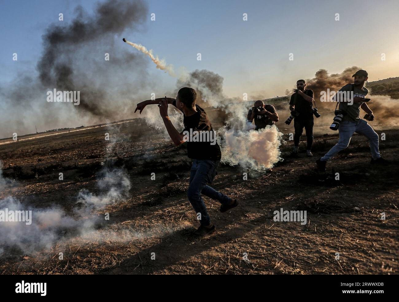 September 18, 2023, Gaza, Palestine: A Palestinian demonstrator throws ...