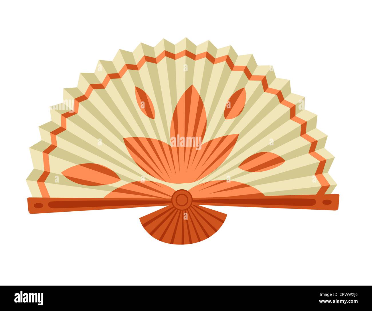 Classic asian style wooden hand fan with colorful drawing pattern vector illustration isolated on white background Stock Vector
