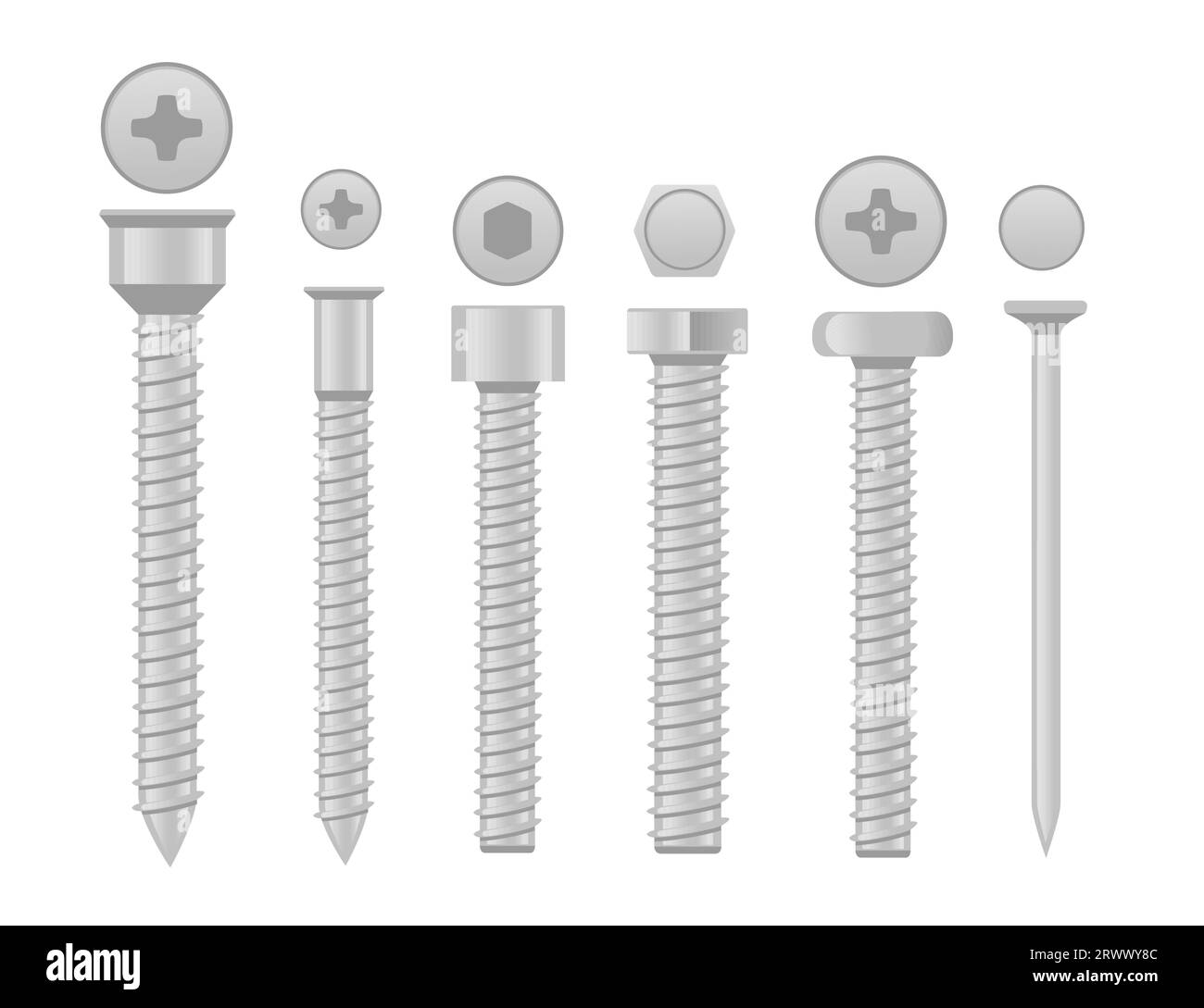 Collection of different types of screw vector illustration isolated on white background Stock Vector