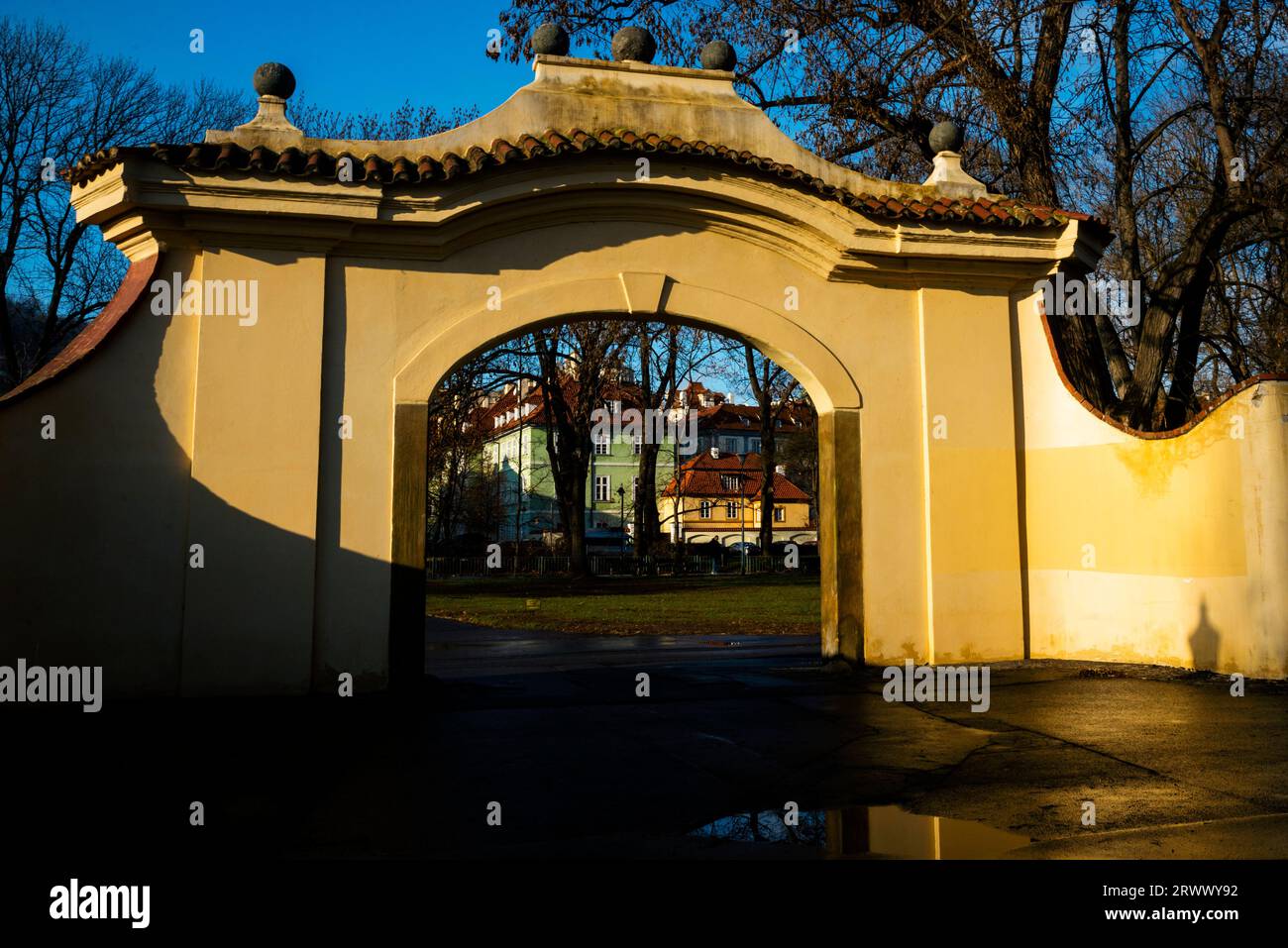 Arched entrance to Kampa Park in Lower Prague, Czech Republic Stock ...