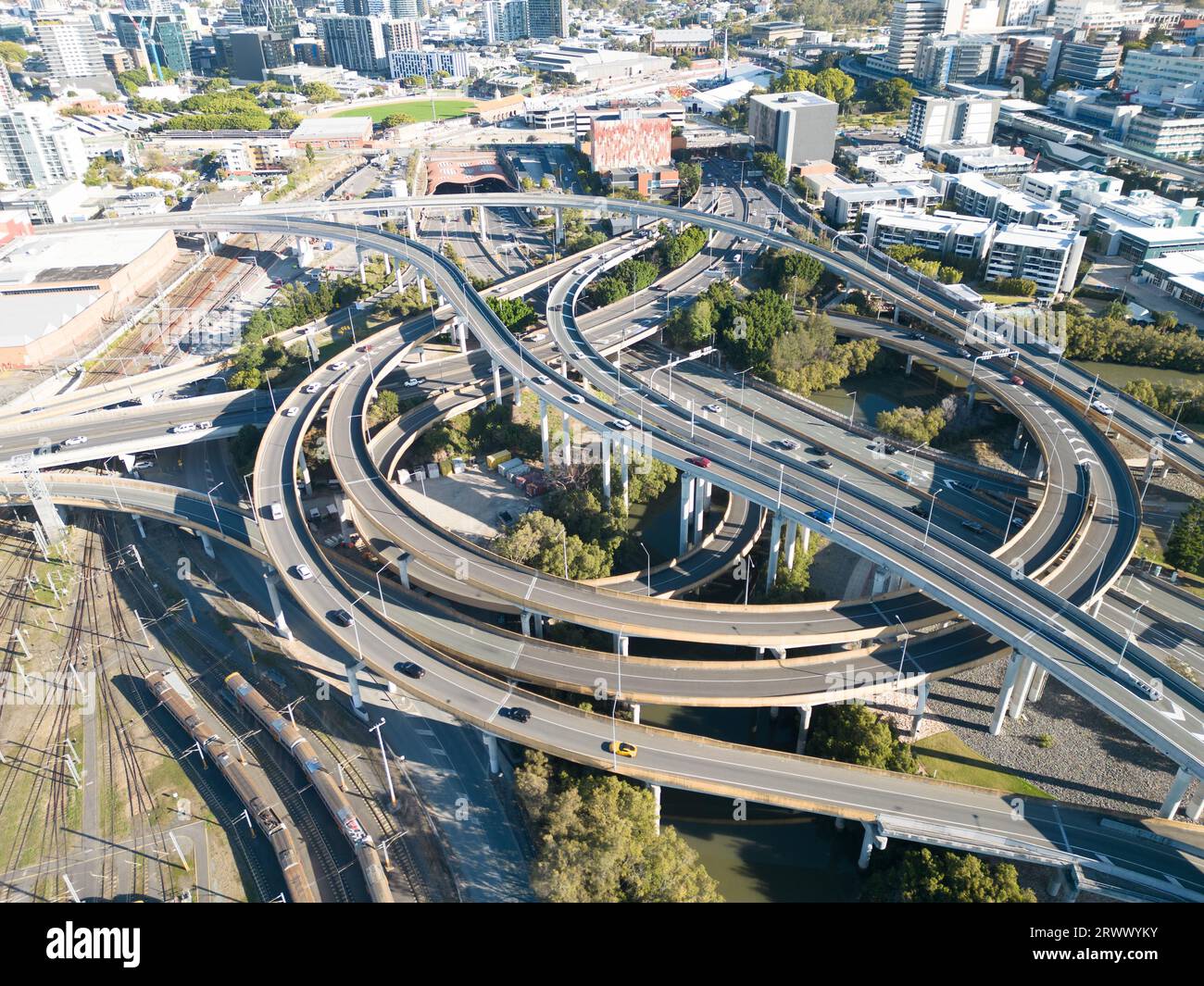 The extensive Bowen Hills Interchange on a clear winter's day in Windsor in Brisbane, Queensland, Australia Stock Photo