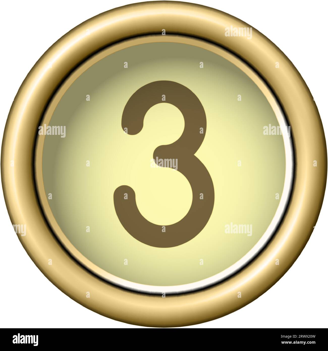 Number 3 Vintage golden typewriter button THREE isolated on white Number 3 Vintage golden typewriter button THREE isolated on white