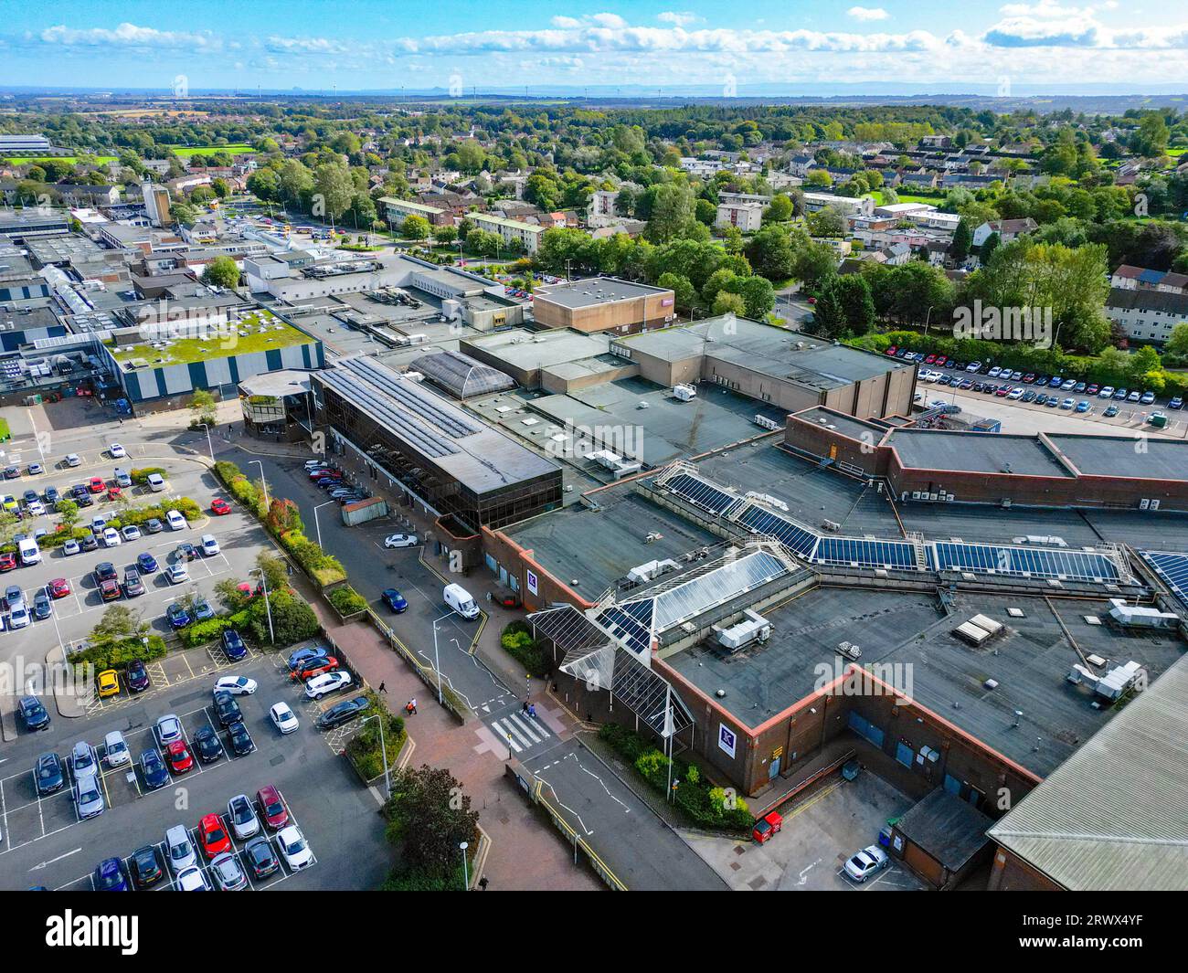 Aerial view of Kingdom shopping centre in retail park in town centre