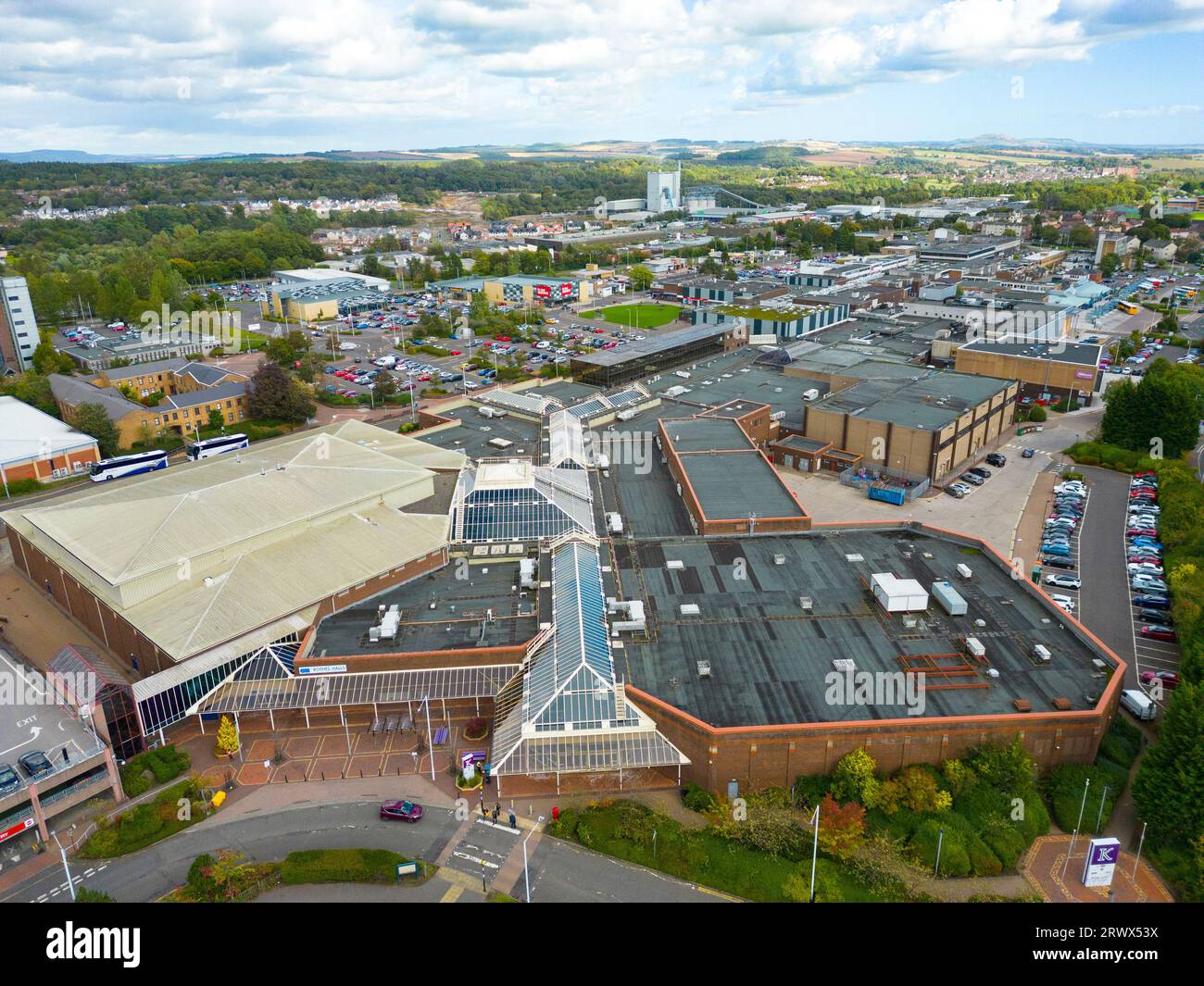Aerial view of Kingdom shopping centre in retail park in town centre