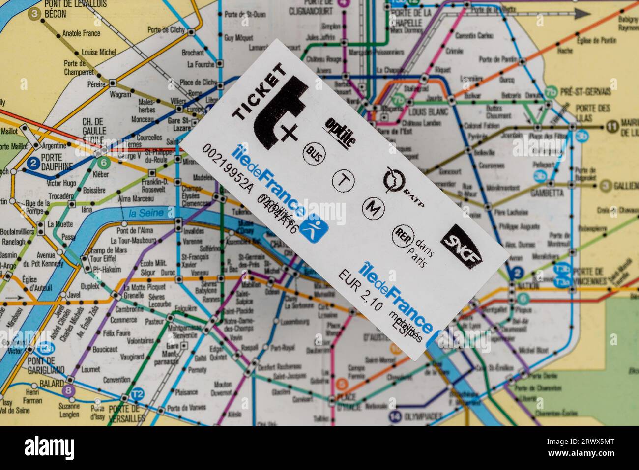Paris, France August 10, 2023 Paris Metro T+ ticket for one way use on Paris metro line map