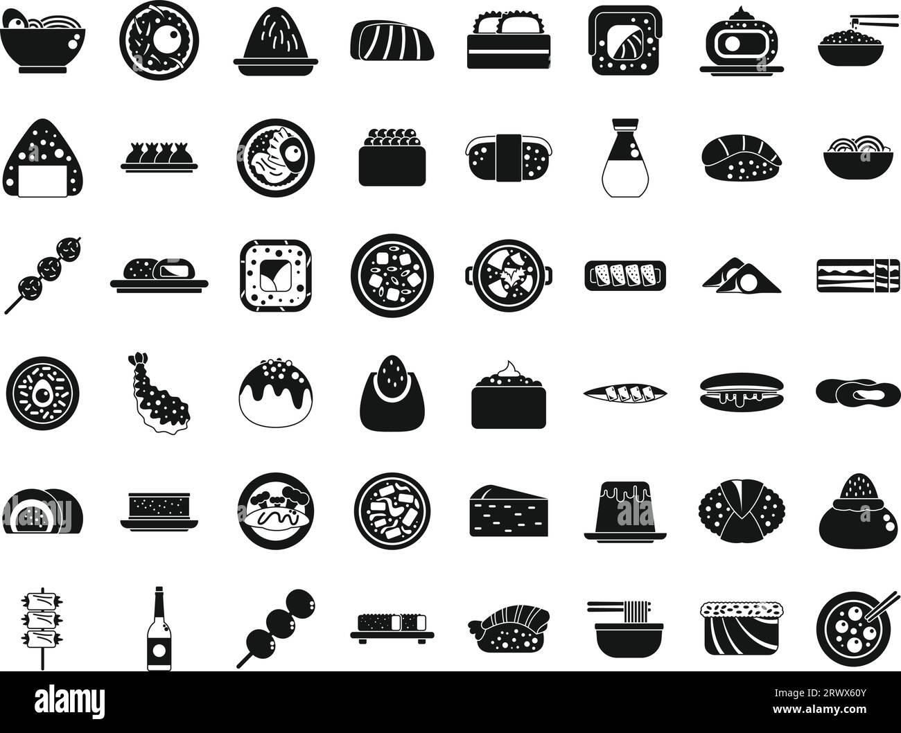 Japanese food icons set simple vector. Tempura asian. Oden plate Stock