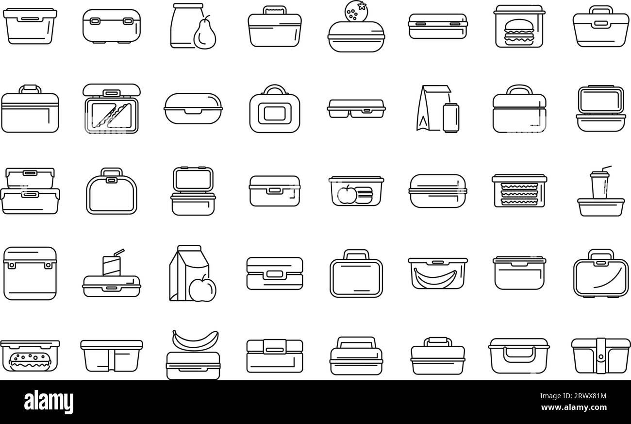 Kids lunch box icons set outline vector. Snack kid. Pack box Stock Vector