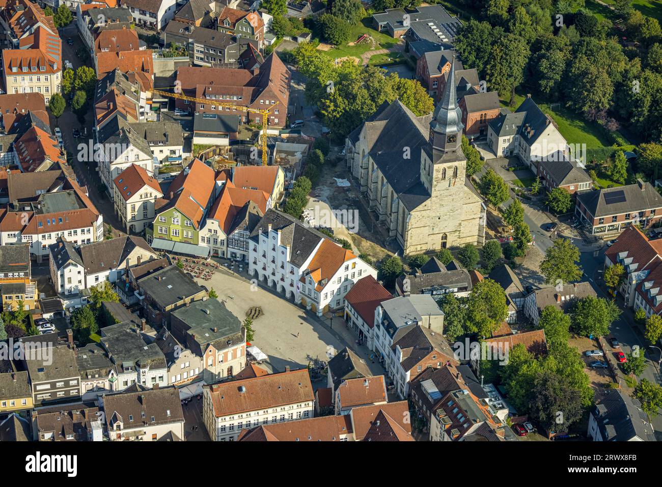 Aerial view, Probsteikirche Sankt Stephanus, market place and historic houses, historic town hall, Beckum, Münsterland, North Rhine-Westphalia, German Stock Photo