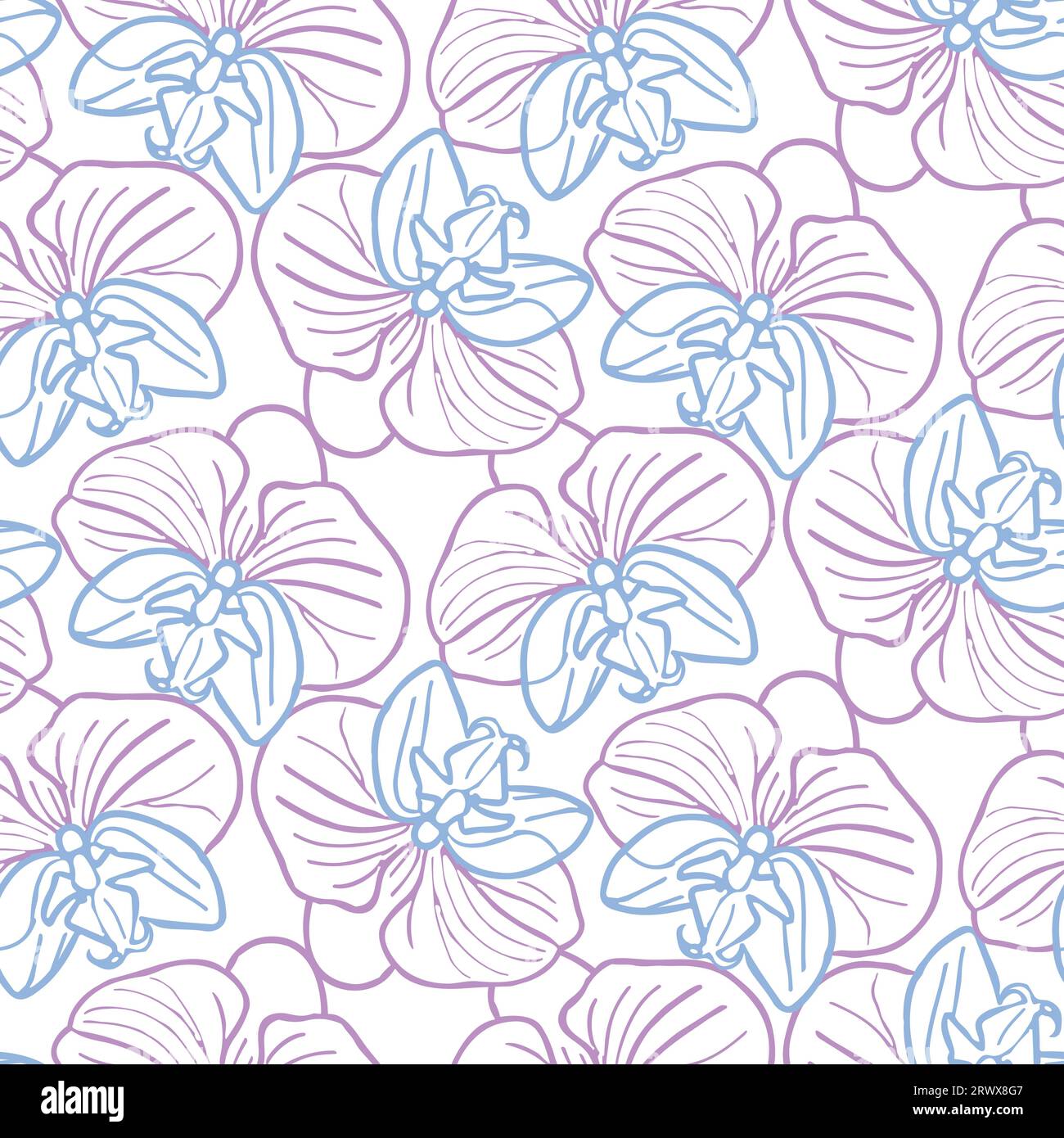 Tropical orchid flower seamless pattern, hand drawn sketch flower head in pastel blue and pink color. Vector background for surface design or textile. Stock Vector