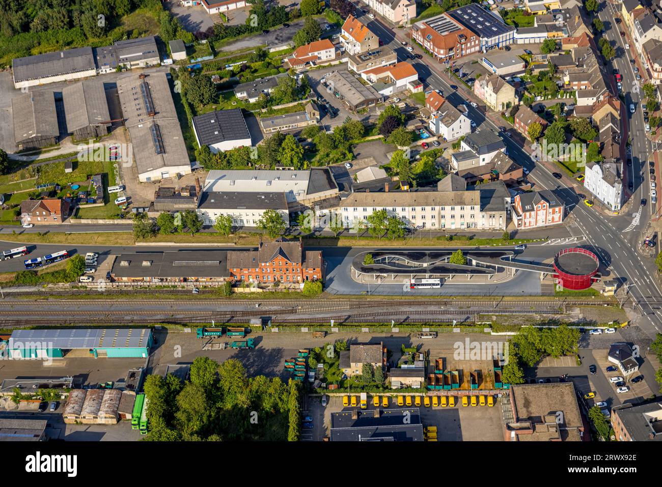 Aerial view, Kulturbahnhof Beckum, bus station, Beckum, Münsterland