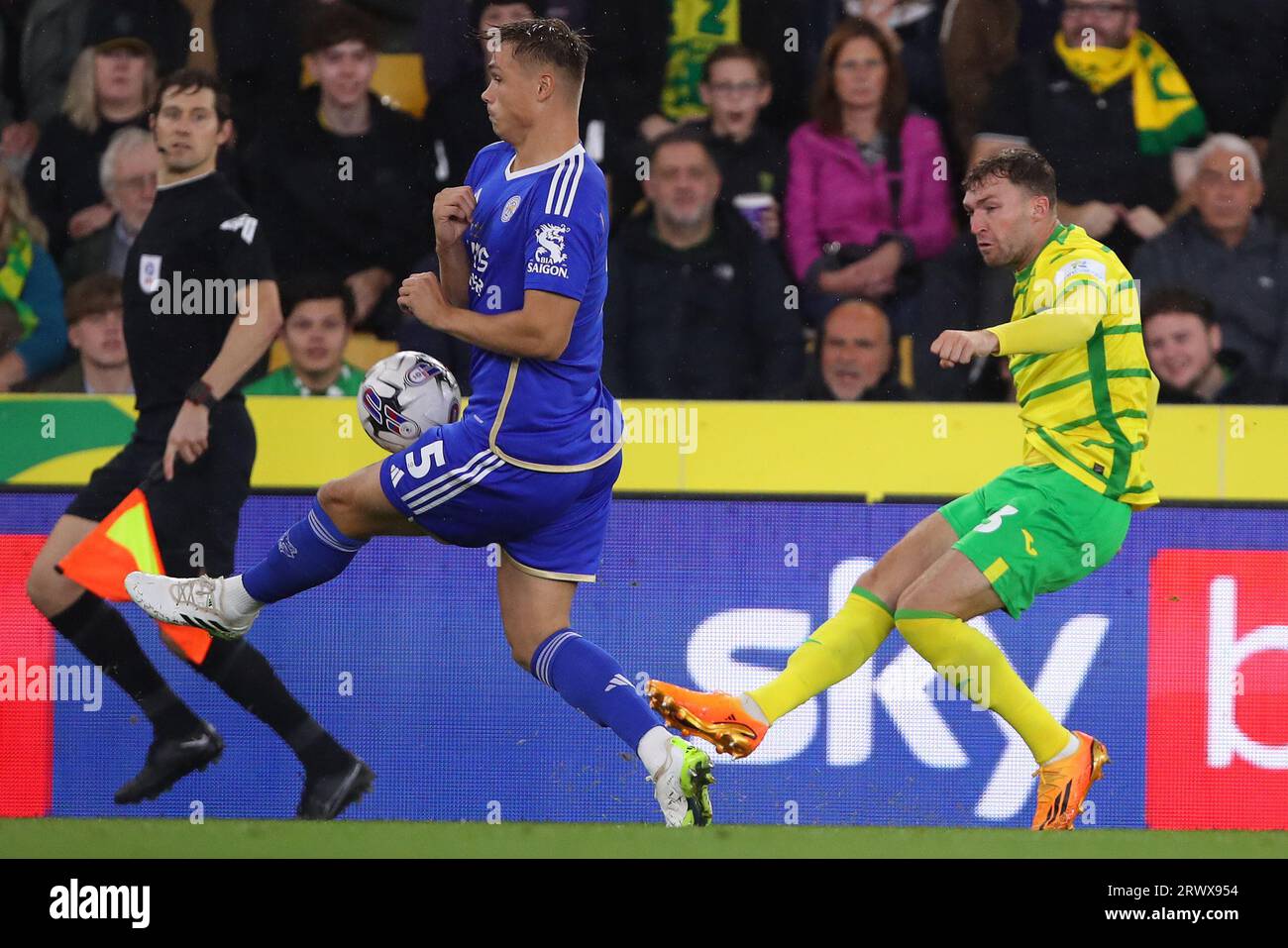 Callum Doyle of Leicester City blocks Jack Stacey of Norwich City - Norwich City v Leicester City, Sky Bet Championship, Carrow Road, Norwich, UK - 20th September 2023  Editorial Use Only - DataCo restrictions apply Stock Photo