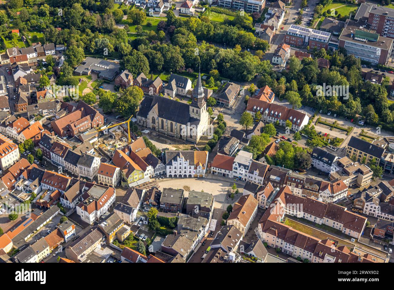 Aerial view, Probsteikirche Sankt Stephanus, market place and historic houses, historic town hall, construction site with new residential building at Stock Photo