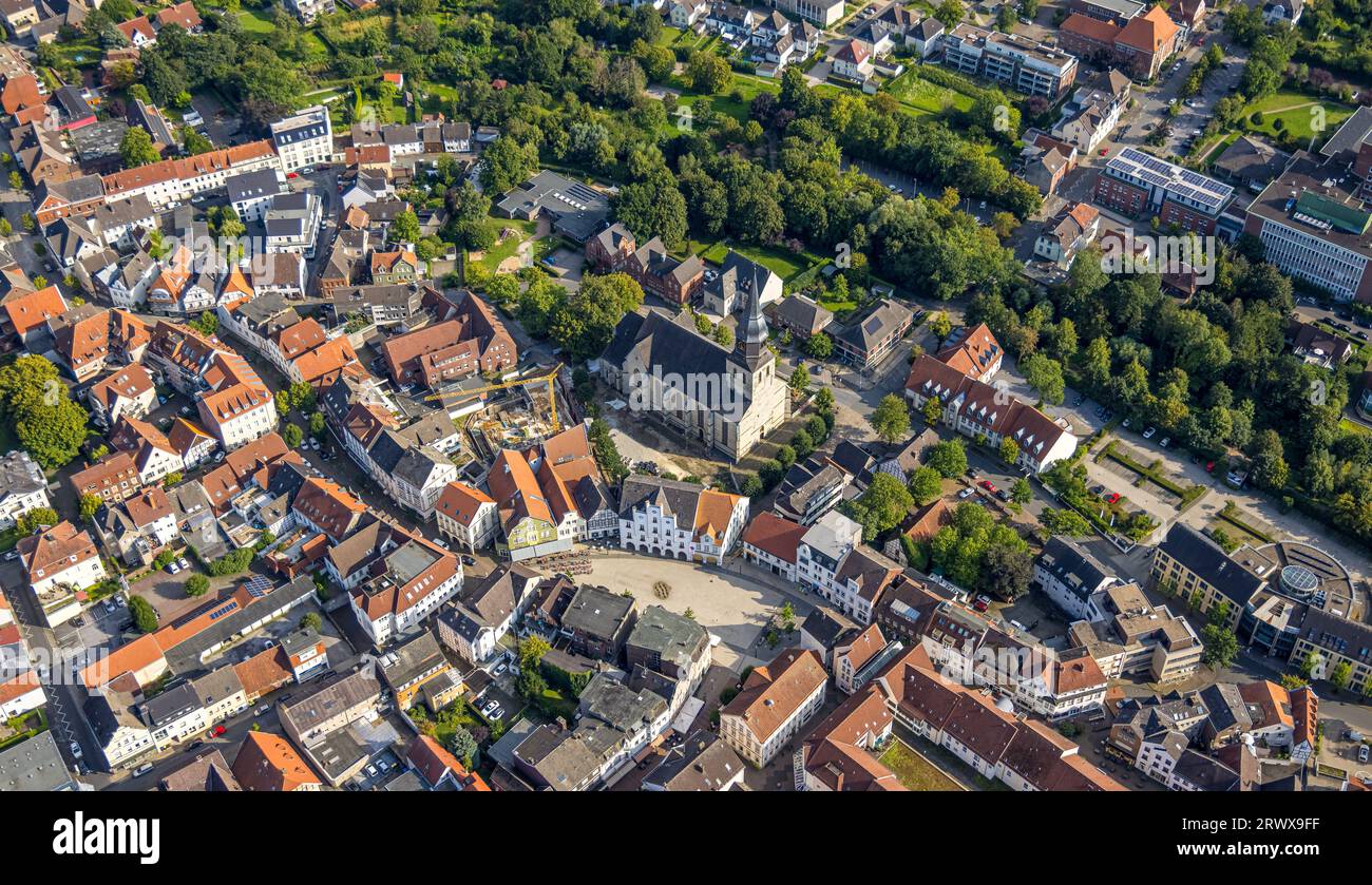 Aerial view, Probsteikirche Sankt Stephanus, market place and historic houses, historic town hall, construction site with new residential building at Stock Photo