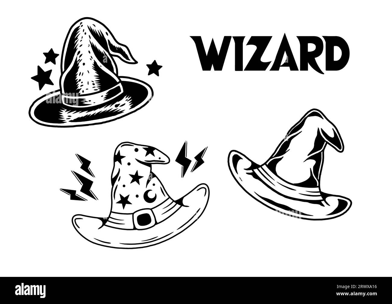 Collection wizard hat illustrations in black and white Stock Photo