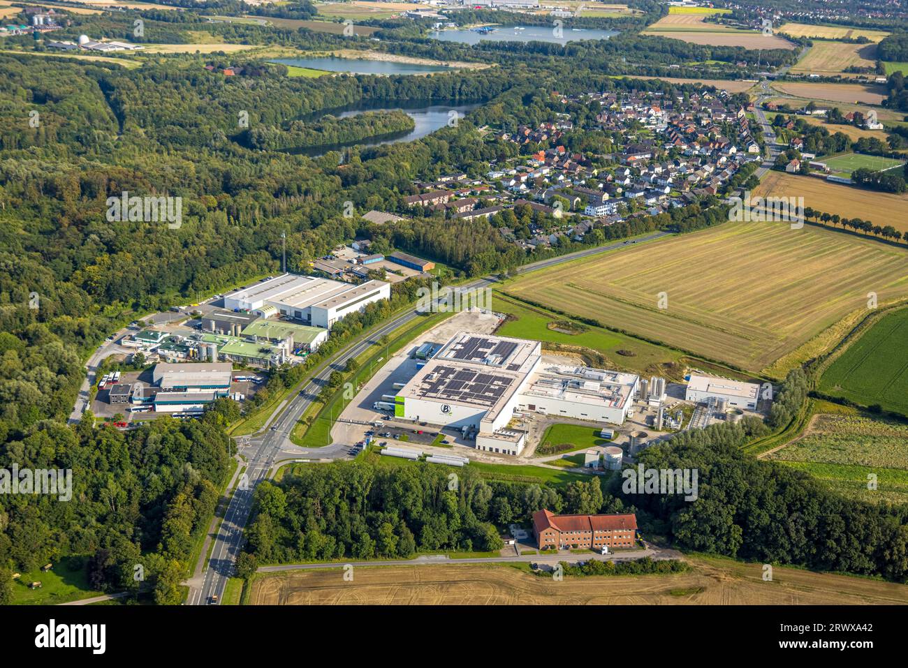 Aerial view, commercial area Kerkbrede, Berief Food GmbH food supplier, RVM Regionalverkehr Münsterland GmbH, Di Matteo Group plant 2, Neubeckum, Beck Stock Photo