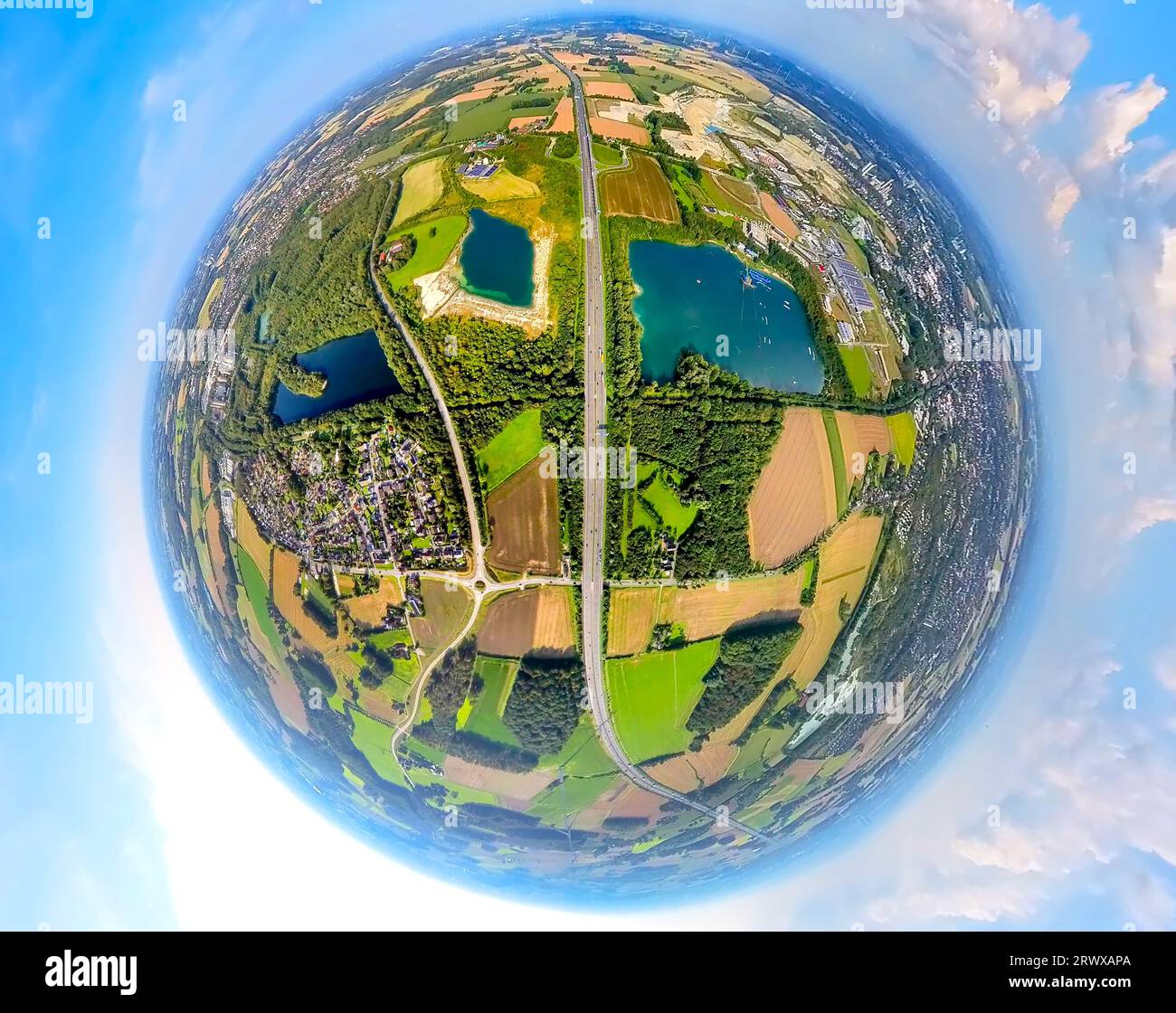 Aerial photo, Tuttenbrocksee, Friedrichhorst quarry, earth globe, fisheye shot, 360 degree shot, tiny world, Beckum, Münsterland, North Rhine-Westphal Stock Photo