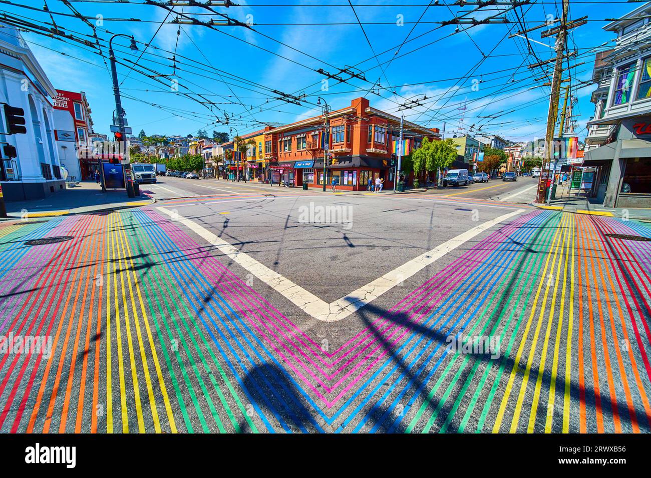 Split view of all four rainbow crosswalks in Castro District and three street corners Stock ...