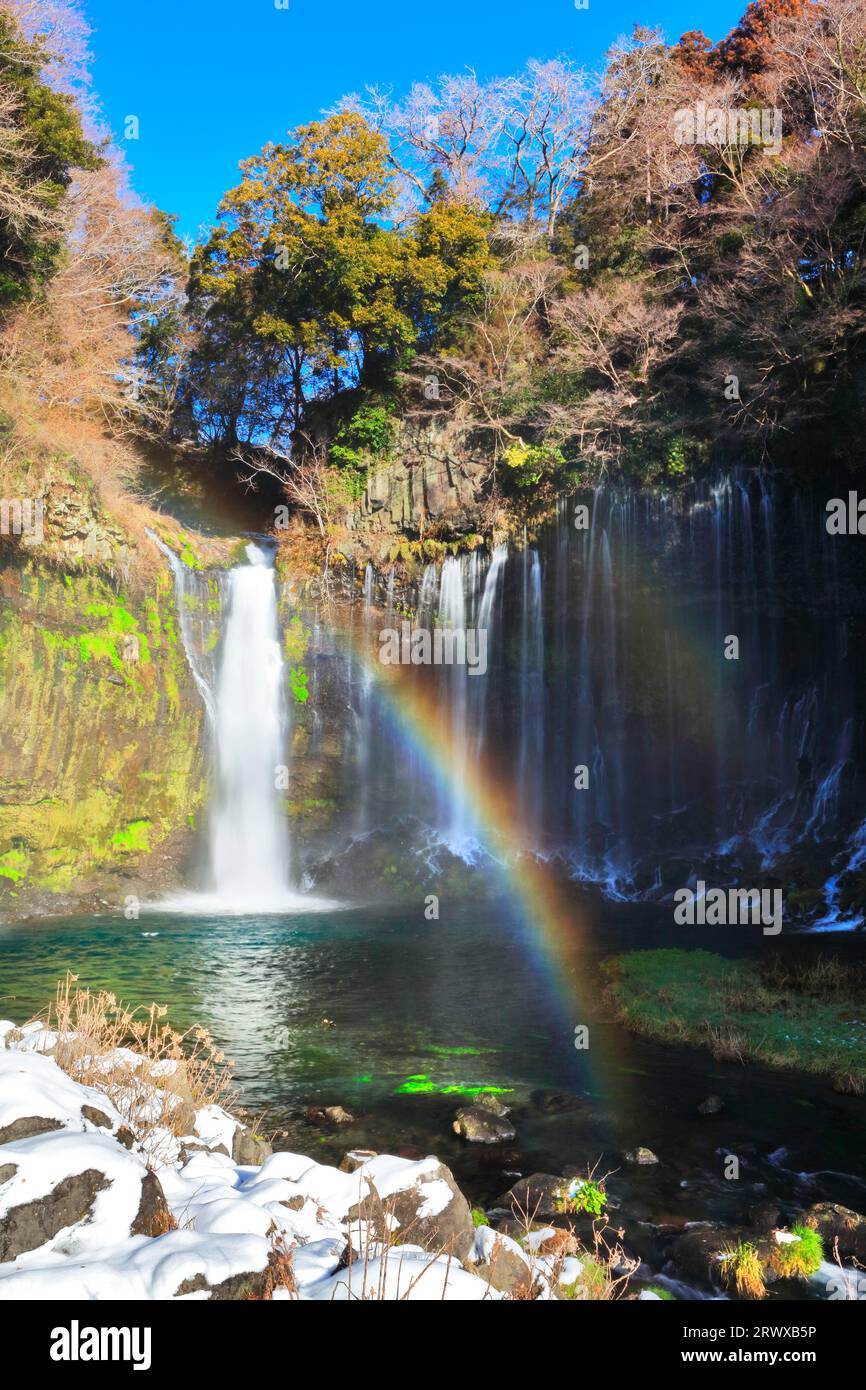 Rainbow and snow at Shiraito Falls in winter Stock Photo - Alamy