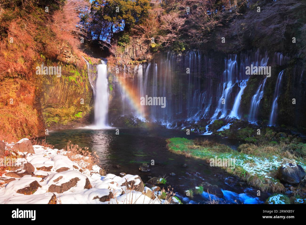 Rainbow and snow at Shiraito Falls in winter Stock Photo - Alamy